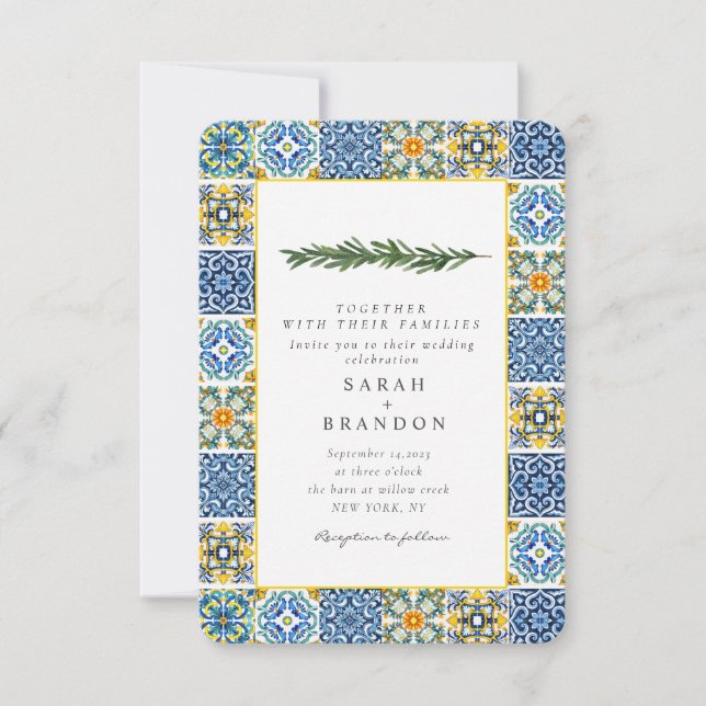 Watercolor Citrus Mediterranean Blue tile Wedding  Invitation (Front)