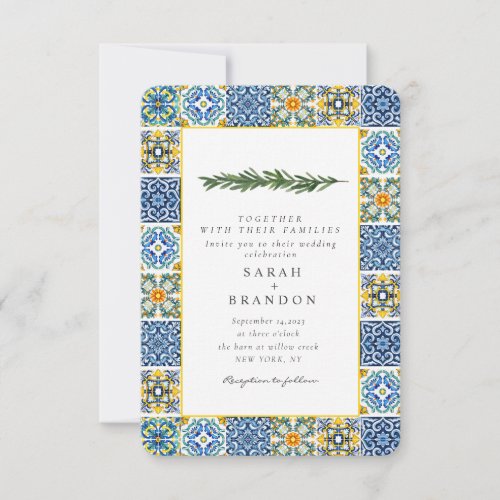 Watercolor Citrus Mediterranean Blue tile Wedding  Invitation