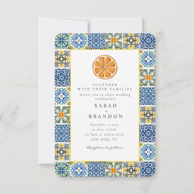 Watercolor Citrus Mediterranean Blue tile Wedding  Invitation (Front)
