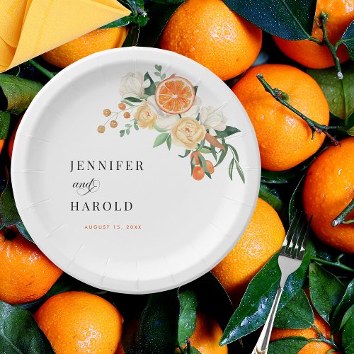 Watercolor Citrus Orange Floral Summer Wedding Paper Plates