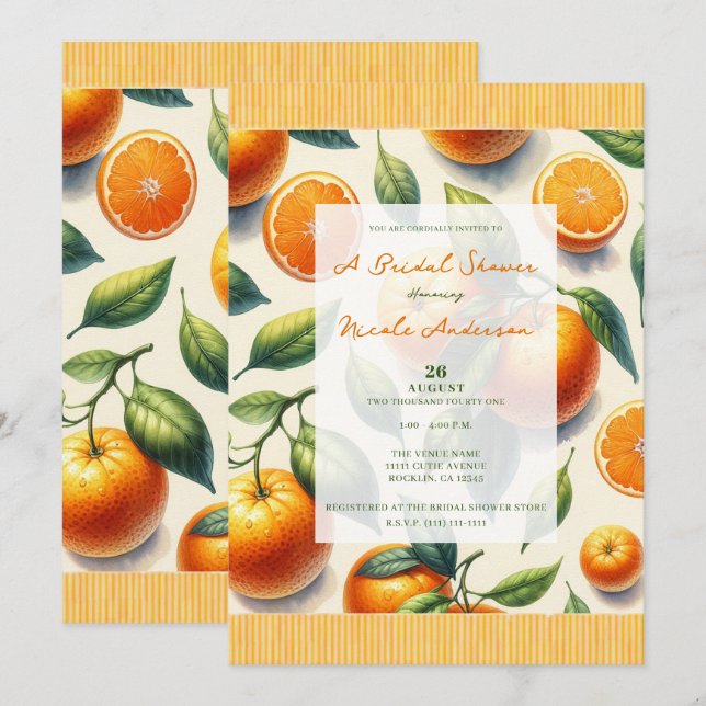 Watercolor Citrus Orange Leaves Bridal Shower Invitation (Front/Back)