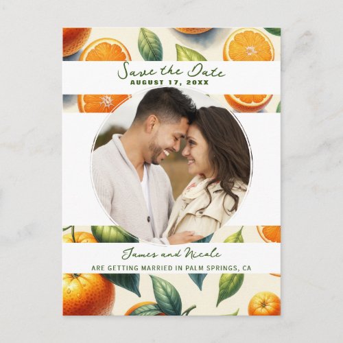 Watercolor Citrus Orange Leaves Save the Date Announcement Postcard