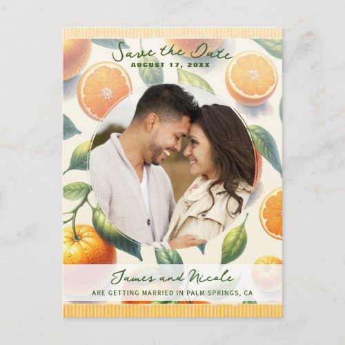 Watercolor Citrus Orange Leaves Save the Date Announcement Postcard