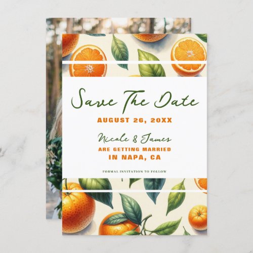 Watercolor Citrus Orange Leaves Save the Date Invitation