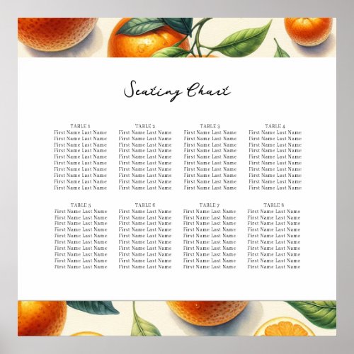 Watercolor Citrus Orange Leaves Seating Chart