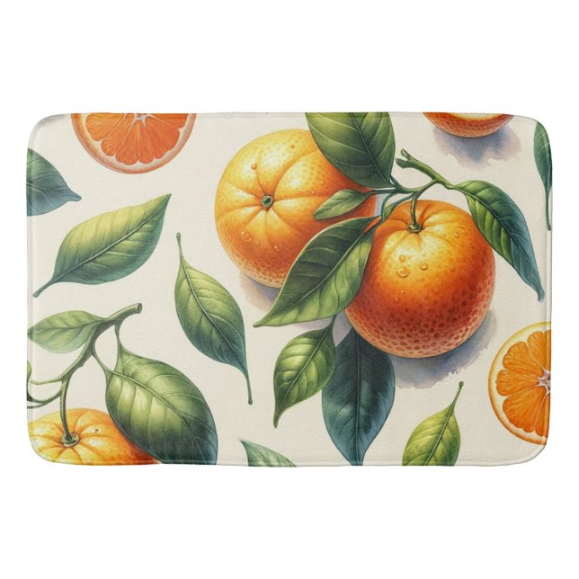 Watercolor Citrus Orange Leaves Wedding Bath Mat (Front)