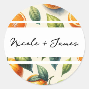 Watercolor Citrus Orange Leaves Wedding Classic Round Sticker