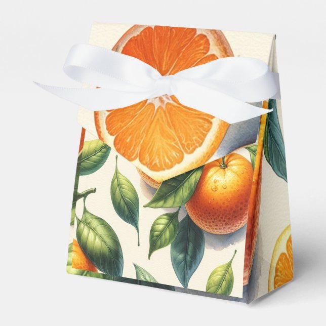 Watercolor Citrus Orange Leaves Wedding Favor Boxes (Front Side)