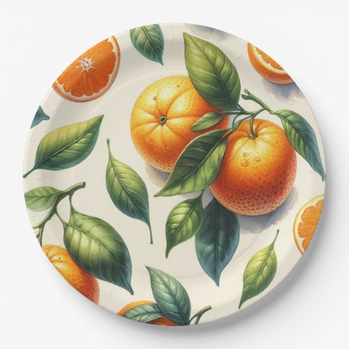 Watercolor Citrus Orange Leaves Wedding Paper Plates