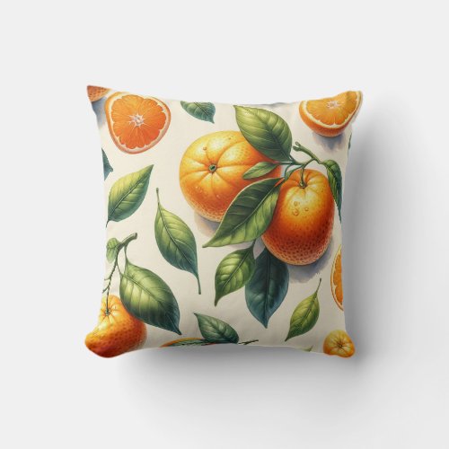 Watercolor Citrus Orange Leaves Wedding Throw Pillow