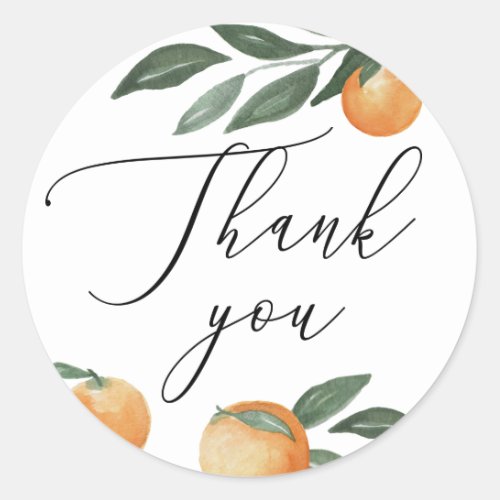 Watercolor citrus orange script wedding thank you classic round sticker