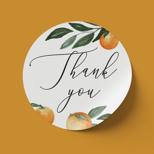 Watercolor citrus orange script wedding thank you classic round sticker