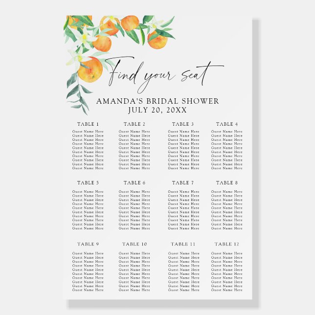 Watercolor citrus oranges seating chart foam board (Front)