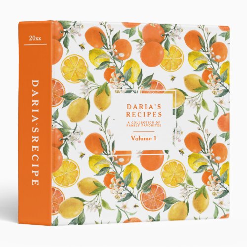 Watercolor citrus Personalized Recipe 3 Ring Binder