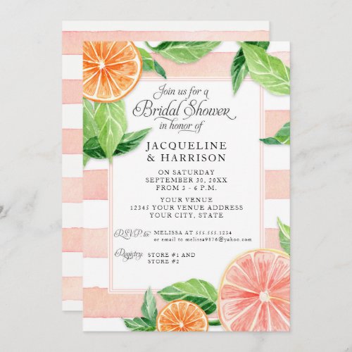 Watercolor Citrus Pink Grapefruit Bridal Shower Invitation