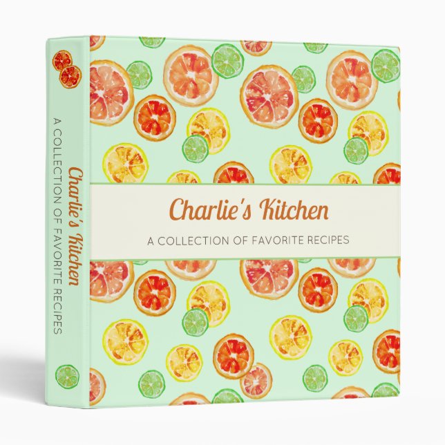 Watercolor Citrus Slices Green Kitchen Recipes 3 Ring Binder (Front/Spine)