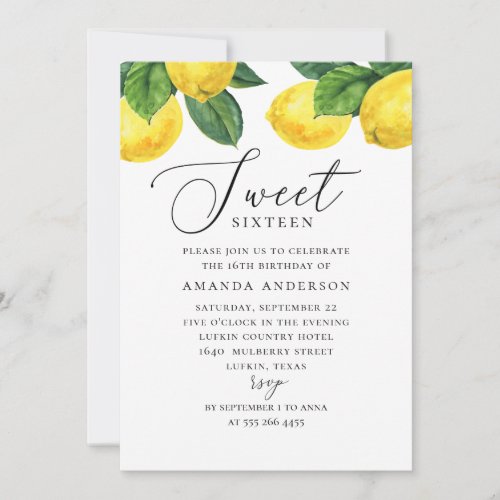Watercolor citrus Sweet 16 Lemon garden script Invitation