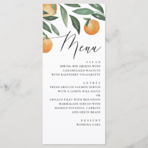 Watercolor Citrus Wedding   Elegant Script Orange Menu