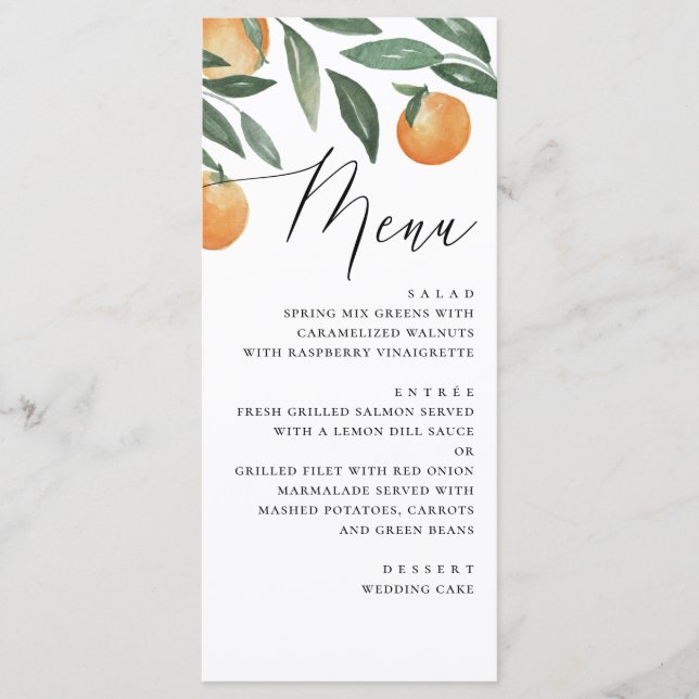 Watercolor Citrus Wedding | Elegant Script Orange Menu (Front)