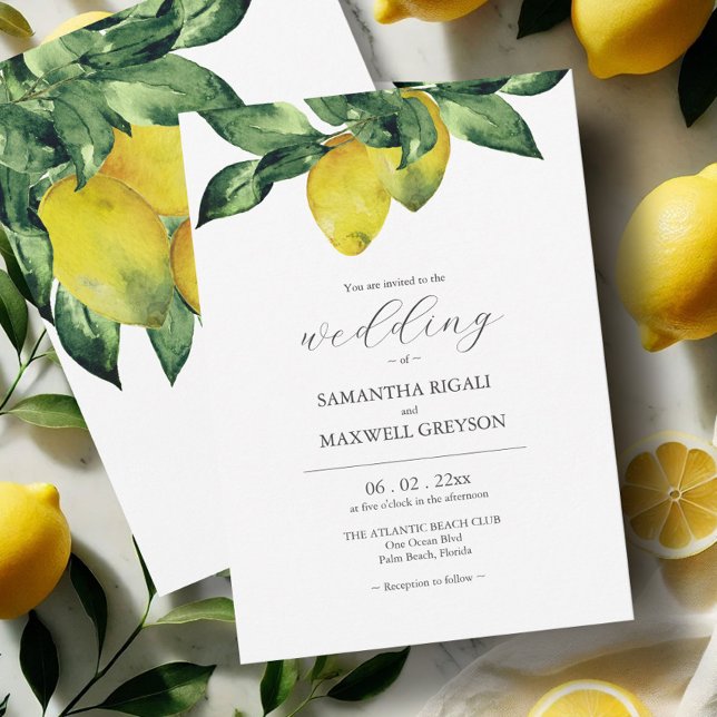 Watercolor Citrus Wedding Invitations (Watercolor wedding invitations lemon art by Victoria Grigaliunas of Do Tell A Belle)