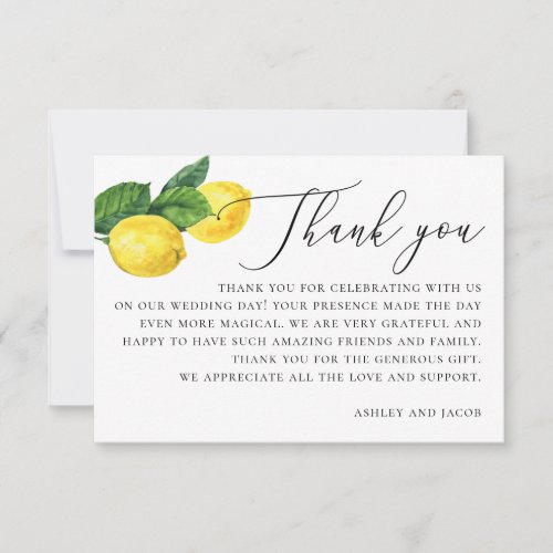 Watercolor citrus wedding Lemon botanical garden  Thank You Card