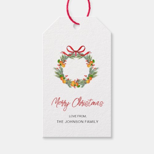 Watercolor Citrus Wreath with red bow Christmas Gift Tags
