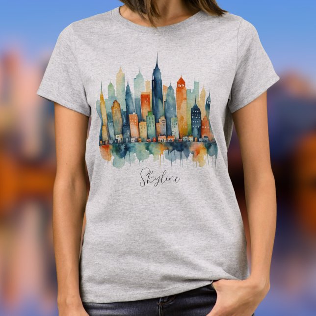 Watercolor City Skyline Modern Cool Urban Graphic T-Shirt (A cool t-shirt with city skyline design in a watercolor style, and script typography to customize)