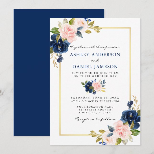 Watercolor Classic Blue Pink Floral Gold Wedding Invitation (Front/Back)
