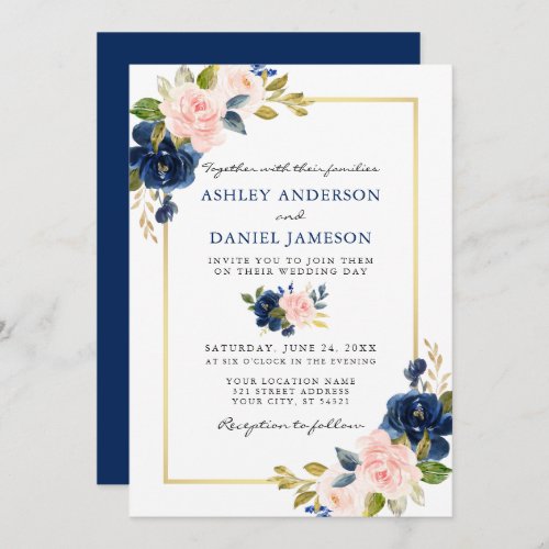 Watercolor Classic Blue Pink Floral Gold Wedding Invitation