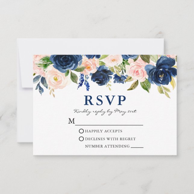 Watercolor Classic Blue Pink Floral Wedding RSVP Card (Front)