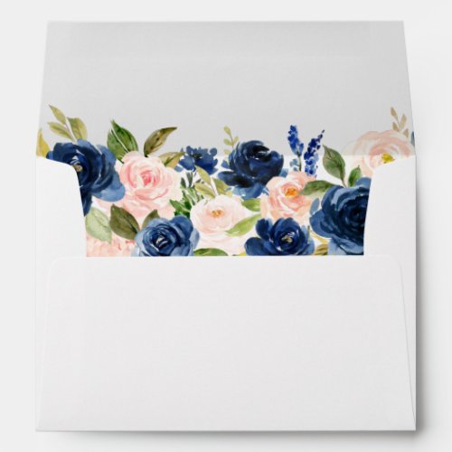 Watercolor Classic Blue Pink Floral Wedding White Envelope