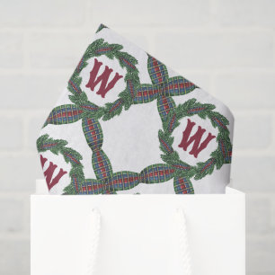 Watercolor Classic Christmas Plaid Wreath Monogram Tissue Paper