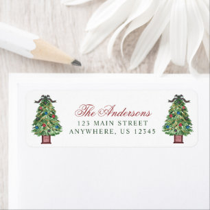 Watercolor Classic Plaid Bow Christmas Tree Label
