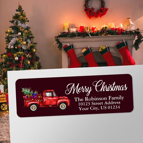 Watercolor Classic Red Truck Christmas Burgundy Label