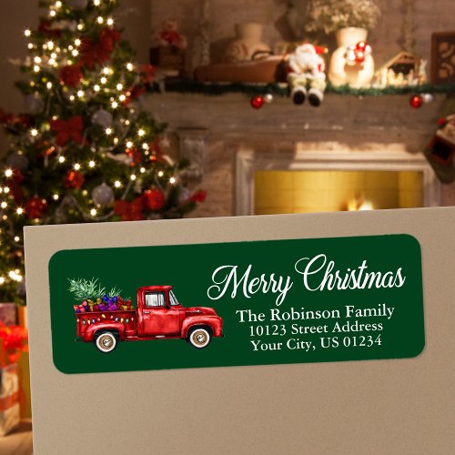 Watercolor Classic Red Truck Merry Christmas Green Label