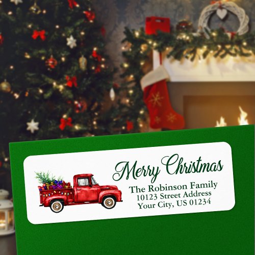 Watercolor Classic Red Truck Merry Christmas Label