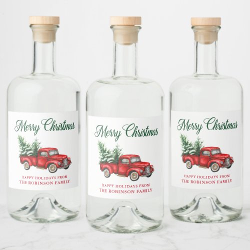 Watercolor Classic Red Truck Merry Christmas Liquor Bottle Label