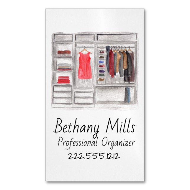 Watercolor Closet Organizer Vertical   Business Card Magnet (Front Vertical)