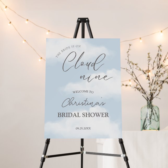Watercolor Cloud 9 Bridal Shower Blue Welcome Sign (In Situ (Stand))