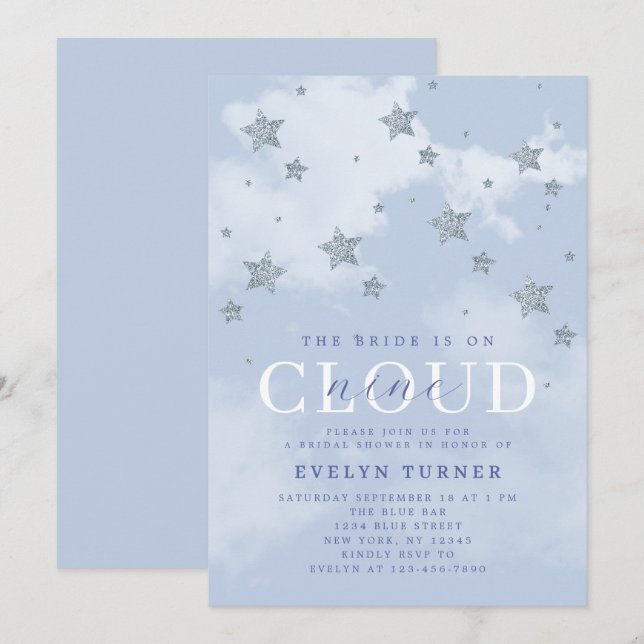 Watercolor Cloud 9 Stars Blue White Bridal Shower  Invitation (Front/Back)