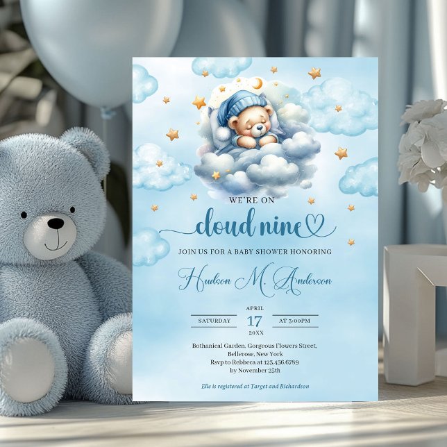 Watercolor Cloud 9 teddy bear Boy Baby Shower Invitation (we're on cloud nine boy baby shower invitation)