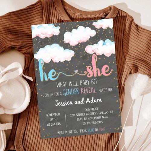 Watercolor Cloud He or She Gender Reveal Party Invitation