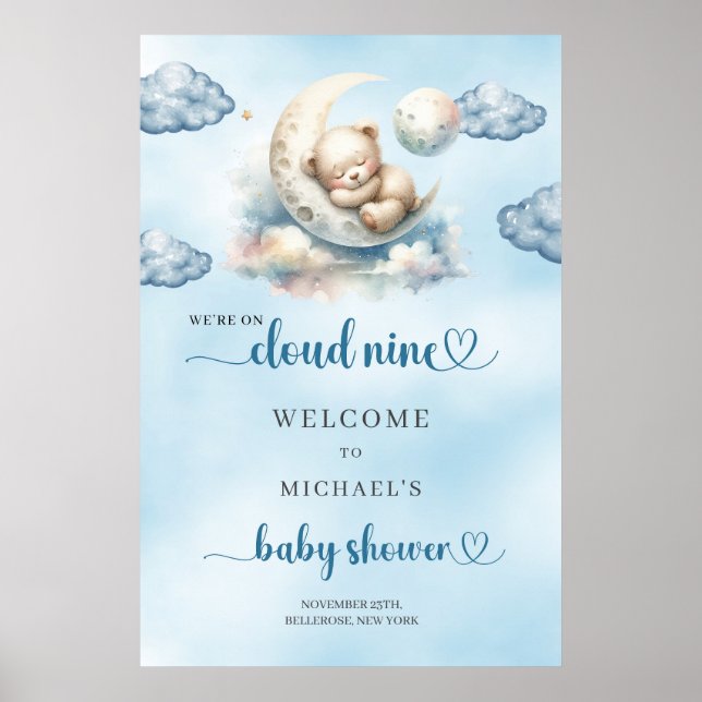 Watercolor cloud nine boy baby shower poster (Front)
