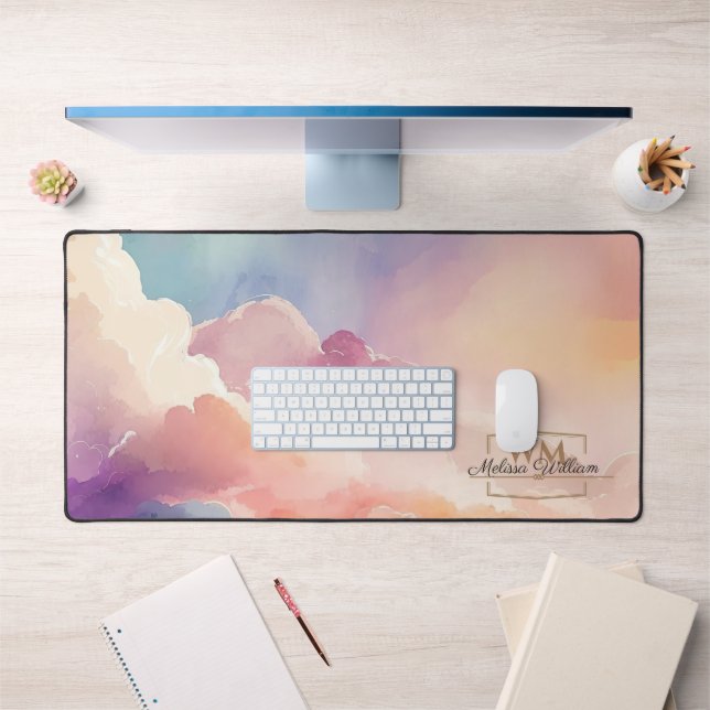 Watercolor Clouds Black Gold Monogram Name Script Desk Mat (Office 1)