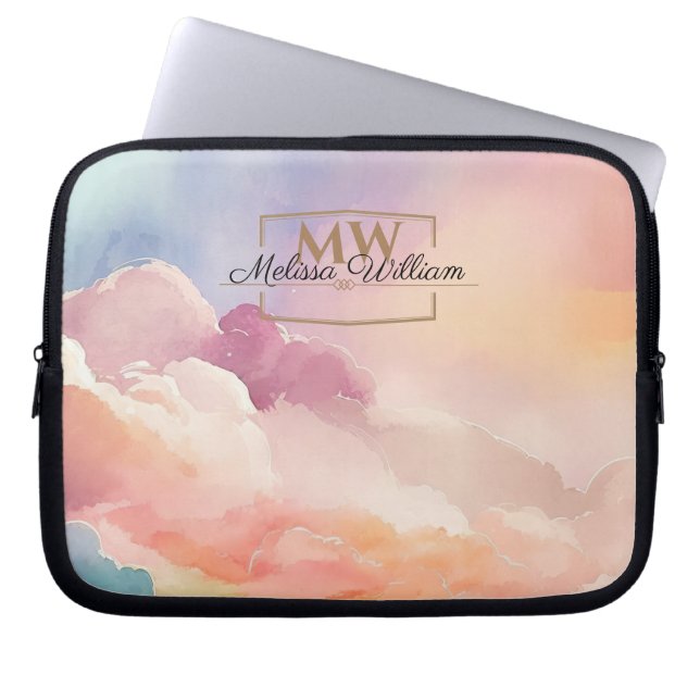 Watercolor Clouds Black Gold Monogram Name Script Laptop Sleeve (Front)