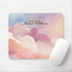 Watercolor Clouds Black Gold Monogram Name Script Mouse Pad
