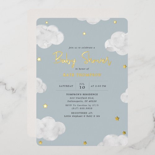 Watercolor Clouds Blue Boy Baby Shower Gold