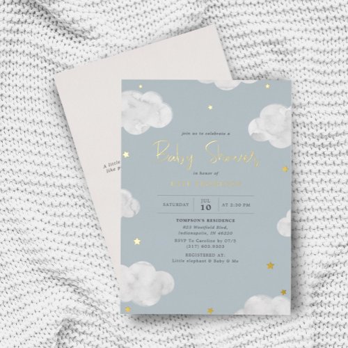 Watercolor Clouds Blue Gray Boy Baby Shower Gold Foil Invitation