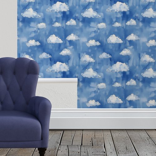 Watercolor Clouds Blue Nursery Wallpaper