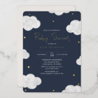 Watercolor Clouds Dark Blue Boy Baby Shower Gold Foil Invitation